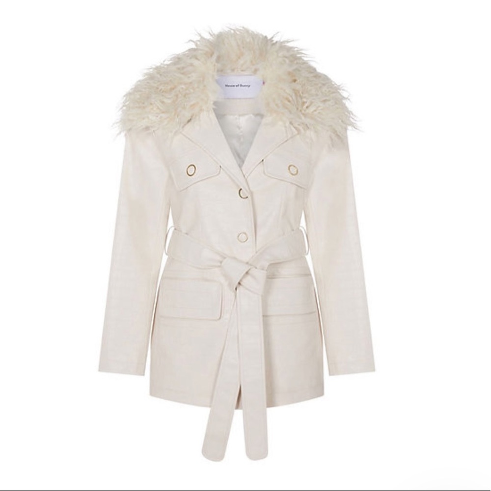 House of Sunny Waiter Faux fur trim Leather jacket in cream